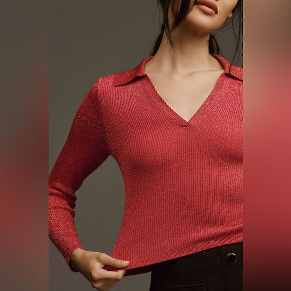 Anthropologie Maeve V-Neck Lurex Polo Sweater M - Picture 3 of 4